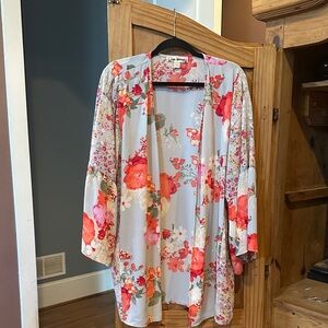 Floral Open-Front Kimono Jacket - Light Blue with Coral Floral Print